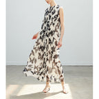 Vintage Salt-Style Elegant Piano Pleat Printed Unique Sleeveless Dress