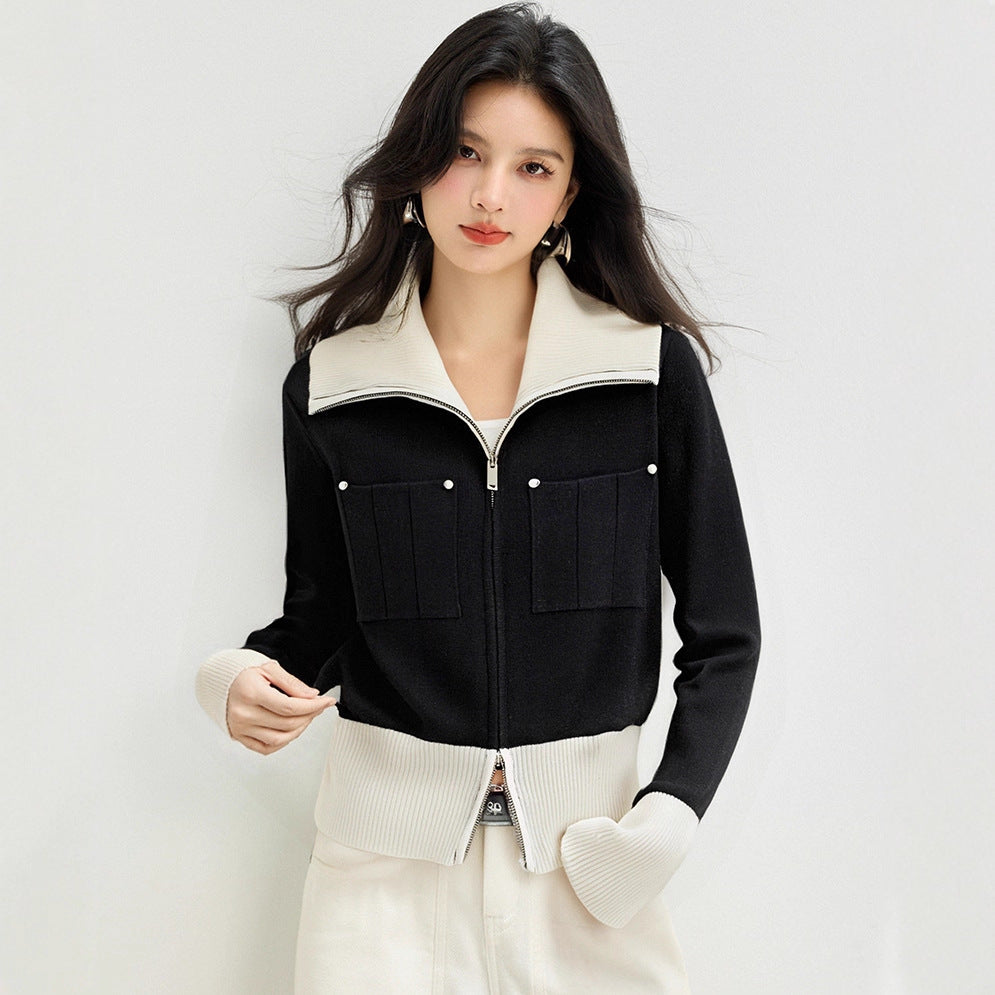 Chic  Long Sleeve Zip-Up Knit Cardigan for Women, Casual Fashion Top with Turn-Down Collar and Short Cut Design