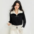 Chic  Long Sleeve Zip-Up Knit Cardigan for Women, Casual Fashion Top with Turn-Down Collar and Short Cut Design