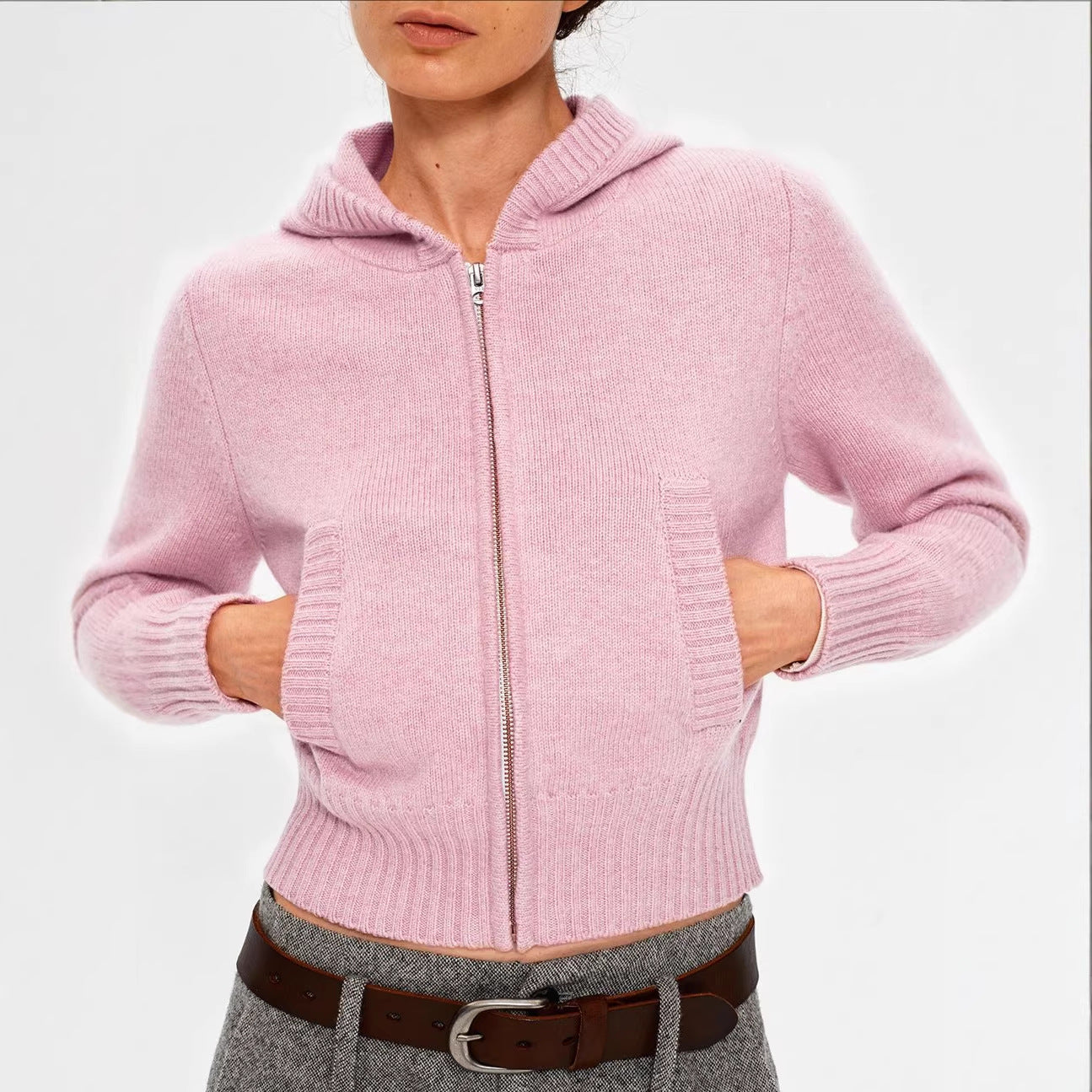 Ribbed Panel Front Pocket Zipper Hooded Short Knit Sweater