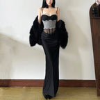 Elegant Chiffon Off-Shoulder Bodycon Dress with Ruffle Detail and Color-Blocking Design