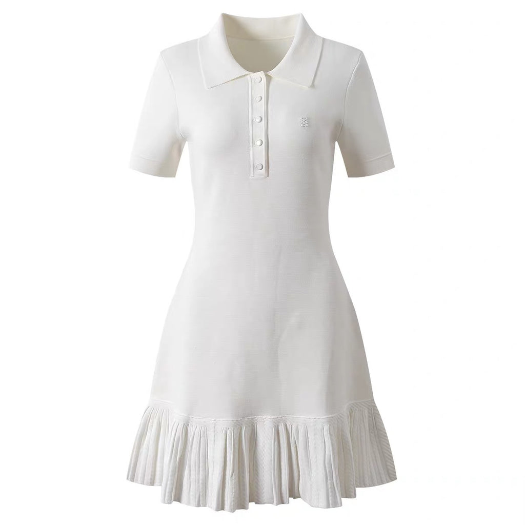 Elegant French Turn-Down Collar Polo Knitted Pleated Dress for Tennis and Golf White Casual Style