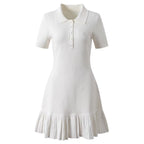 Elegant French Turn-Down Collar Polo Knitted Pleated Dress for Tennis and Golf White Casual Style