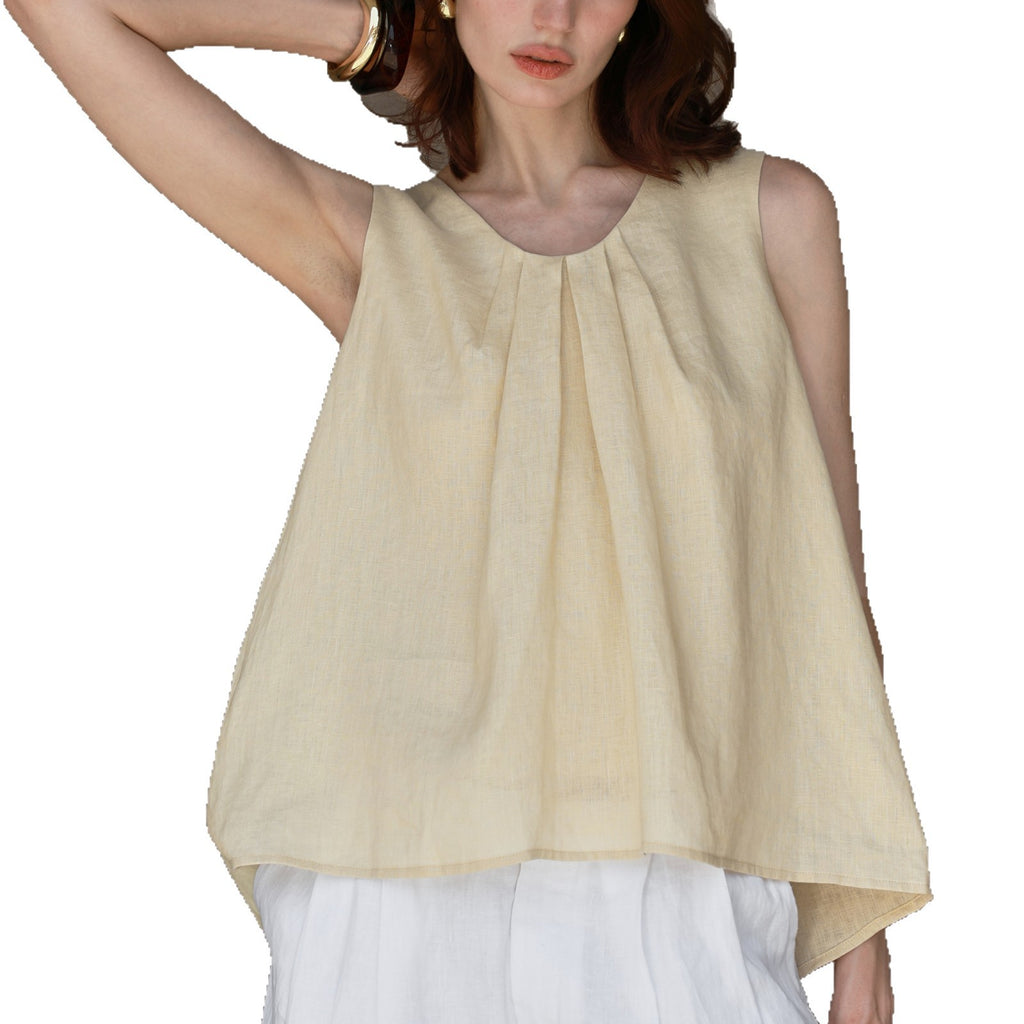 Elegant Pure Linen Round Neck Sleeveless Top for Women with Front Panel Gored Design Pure Color Charming Strapless Top