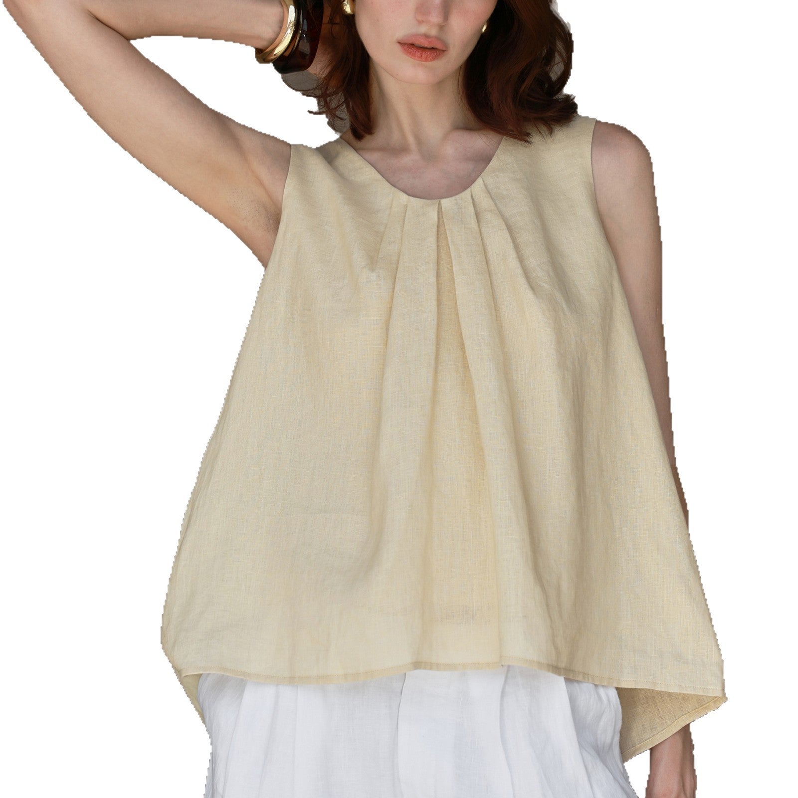 Elegant Pure Linen Round Neck Sleeveless Top for Women with Front Panel Gored Design Pure Color Charming Strapless Top