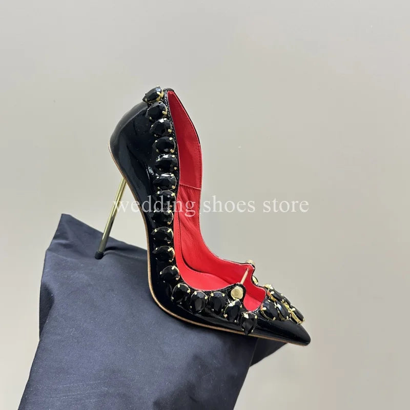 Rhinestone Heels Patent Leather Sexy Pointed Toe Shallow Mouth Black High Heels Luxury New Single Shoes Women Wedding Pumps