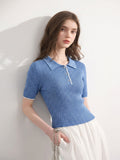 Minimalist Turn-Down Collar Short Sleeve Knit Top for Women Unique Design Style