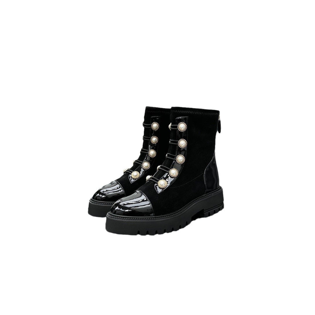 Winter Brand New Women's Short Boots Pearl Decor Black Ankle Boots Luxury Shoes Botas Mujer Platform Motorcycle Boots
