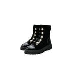 Winter Brand New Women's Short Boots Pearl Decor Black Ankle Boots Luxury Shoes Botas Mujer Platform Motorcycle Boots