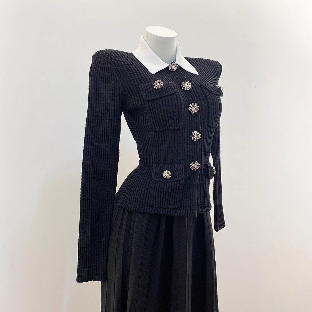 Chic Long Knit Pleated Dress with Turn-Down Collar in French Chic Style for Women