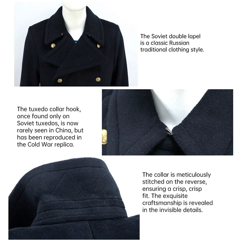 Replica Soviet Navy M69 Officer's Winter Overcoat - Black 12-Button Wool Melton Long Coat