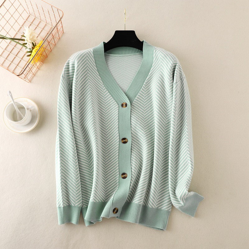 Women Tops Blue Knit Sweaters Love Heart Cardigan Female Chic V Neck Sweater