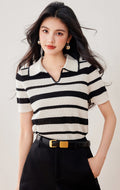Style Luxury Hand-Crocheted Stripe V-Neck Polo Short Sleeve T-Shirt