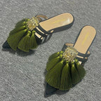 Sexy Pointed Toe Tassel Slingback Women Slippers Autumn 2023 Designer Fad Dress Flip Flop Mules Party Low Heels Sandals Slides