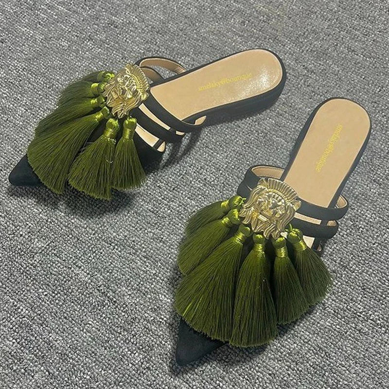 Sexy Pointed Toe Tassel Slingback Women Slippers Autumn 2023 Designer Fad Dress Flip Flop Mules Party Low Heels Sandals Slides