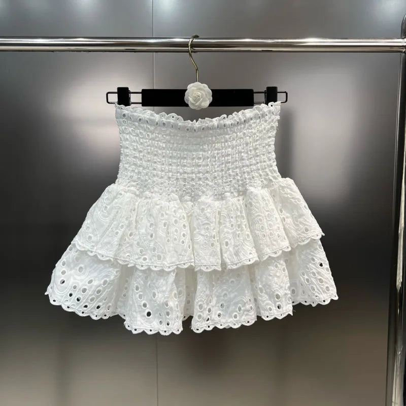 Embroidery Patchwork Two-piece Sets Summer New Square Collar Short Sleeve Ruffles T-shirt + Mini Skirts Elegant