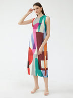 Pleated Sleeveless Square Printed Vest Long Dress Women Summer New Korean Fashion Causal Aesthetic Designer Clothes