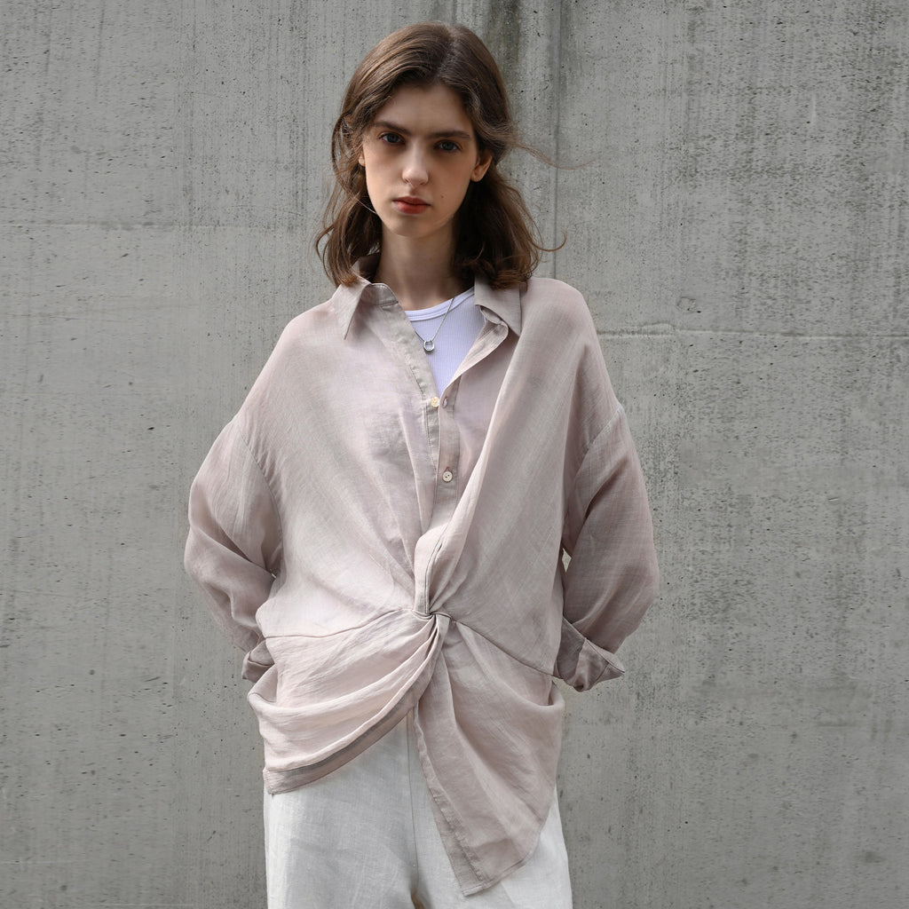 Elegant Pure Ramie Blouse Women's Unique Twist Waist Design Shirt Lightweight Breathable Top Cardigan