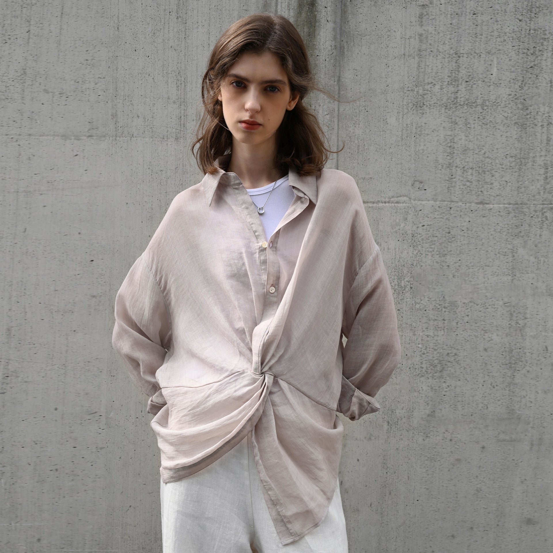 Elegant Pure Ramie Blouse Women's Unique Twist Waist Design Shirt Lightweight Breathable Top Cardigan
