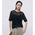 Comfortable Breathable Hollow-Out Sun Protection Top for Women, Lightweight Knit Short Sleeve T-Shirt Summer Style
