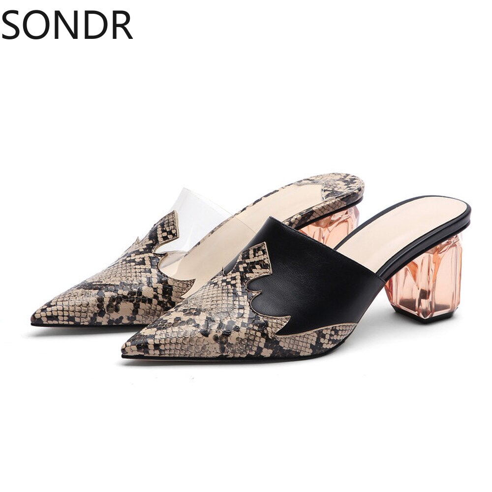 Womens Pointed Toe Leather Clear Stitching Snake Pattern Mules Crystal Heel Slippers Slides Shoes Sandals Summer Plus Size