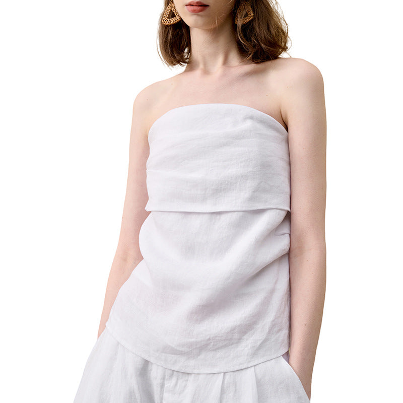 French Unique Design Pure Linen Tube Top Women's Backless Fitted Irregular Pleated Sleeveless Blouse