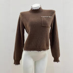 Sd Home Wool Blend High Neck Long Sleeve Knit Top with Hand-Stitched Trim for Women