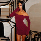 Women's Autumn New Fashion Sexy One-Shoulder Off-Shoulder Ruched Waist Slim Fitted Bodycon Dress