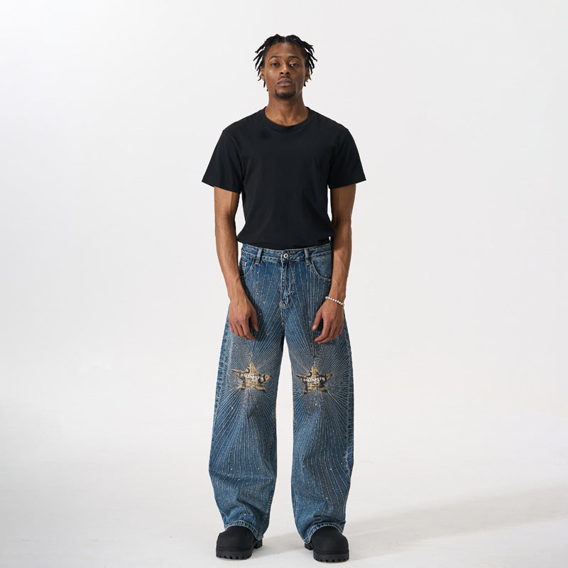 Distressed Patchwork Ray Star Rhinestone Jeans