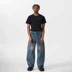 Distressed Patchwork Ray Star Rhinestone Jeans