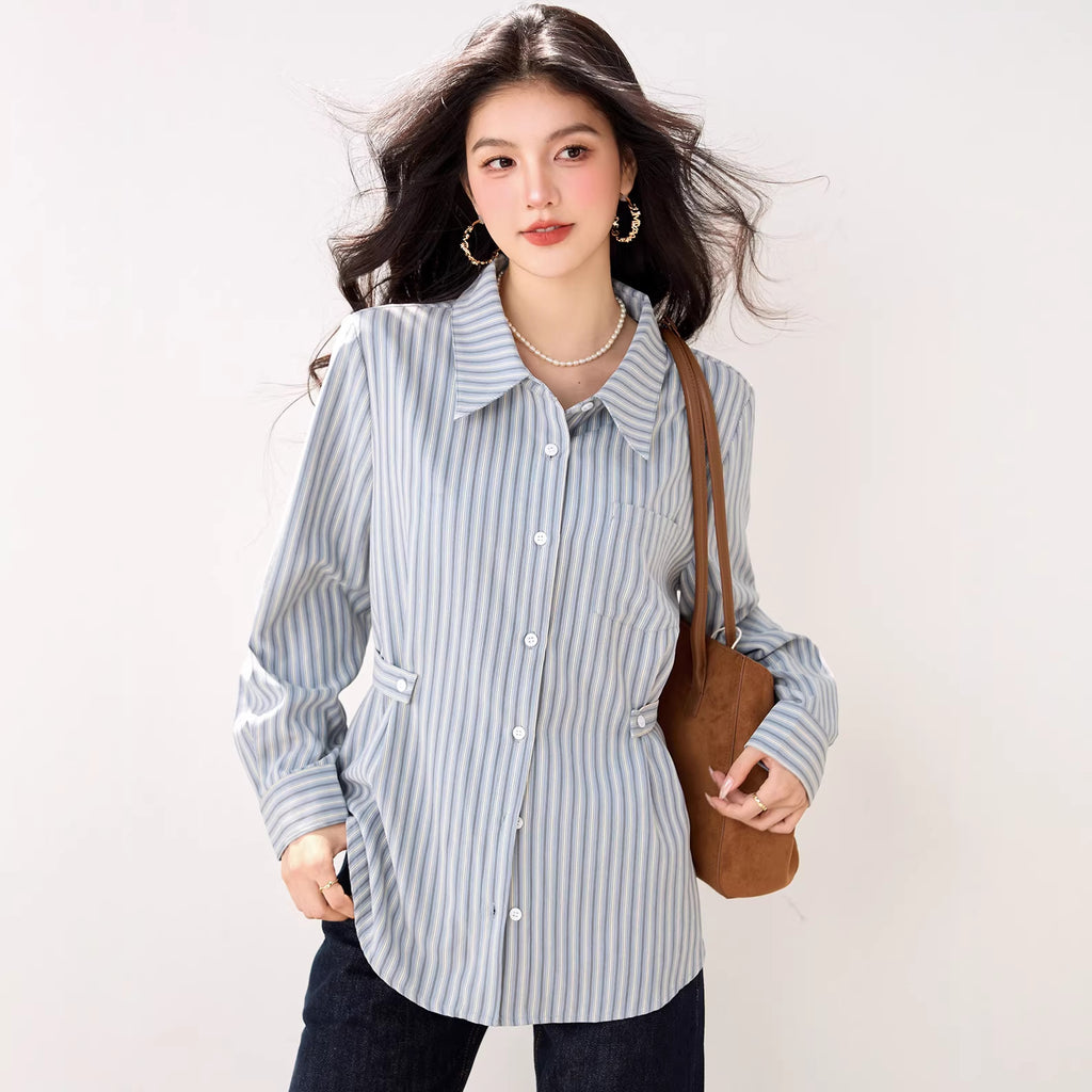 Blue Striped Polo Neck Shirt for Women  Long Sleeve, Casual Design