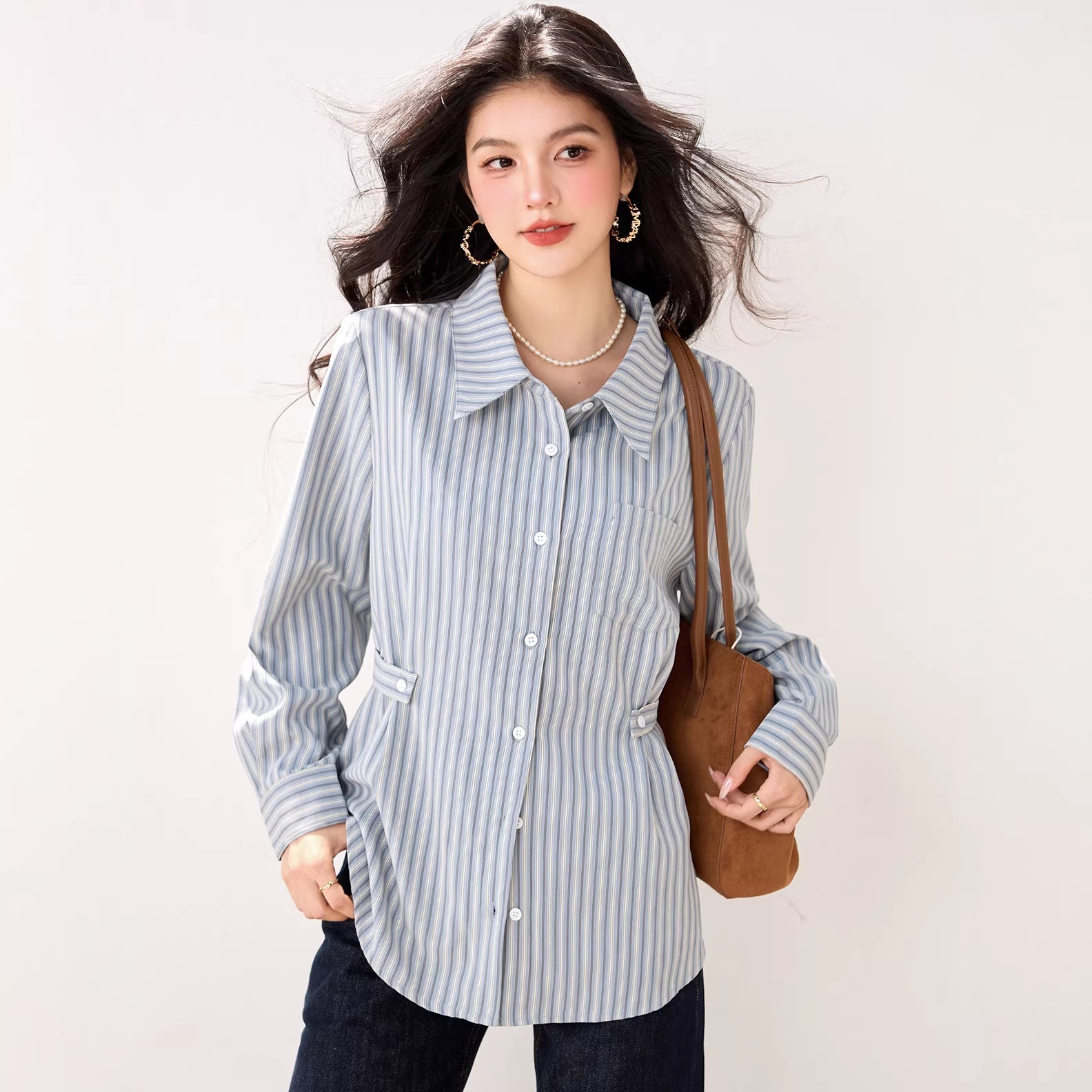 Blue Striped Polo Neck Shirt for Women  Long Sleeve, Casual Design