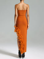 Women's tube top V-neck sexy off-shoulder and backless dress with feather slit socialite style bandage dress