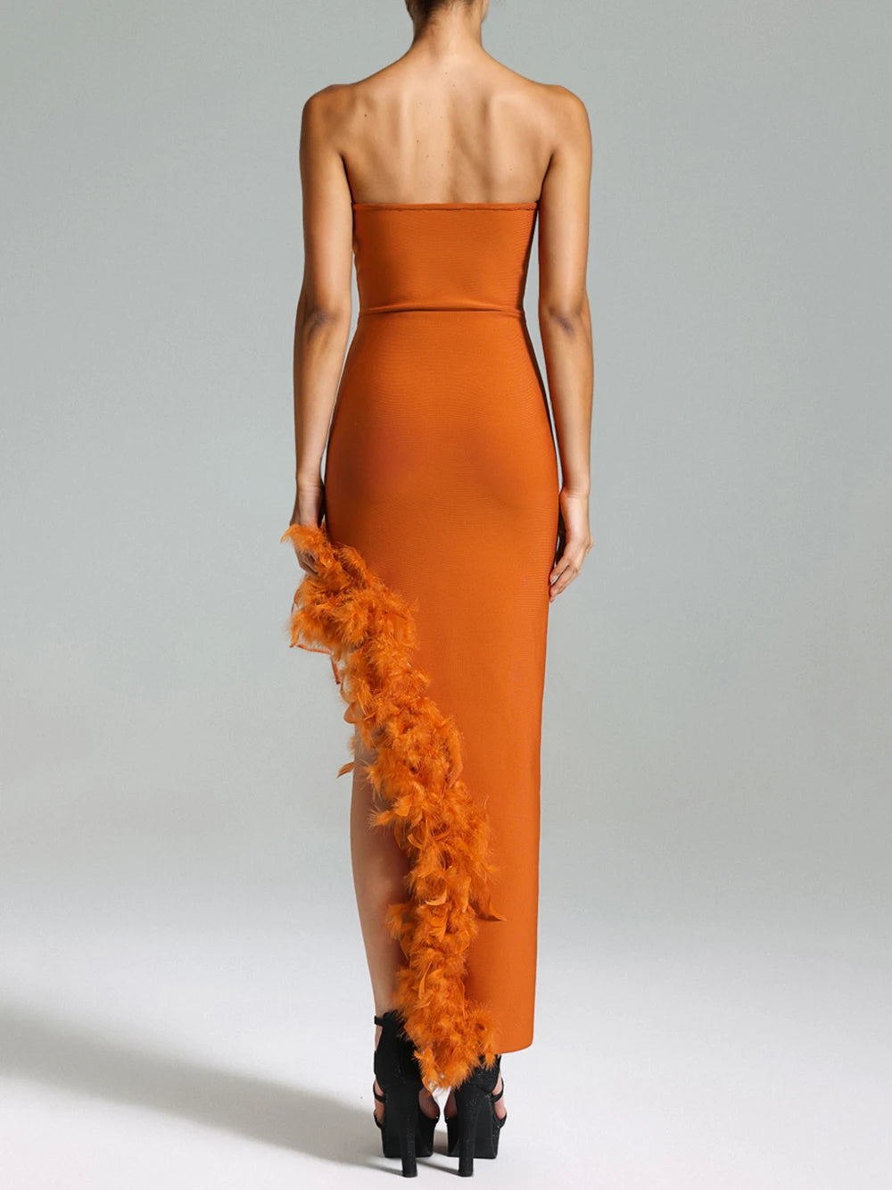 Women's tube top V-neck sexy off-shoulder and backless dress with feather slit socialite style bandage dress