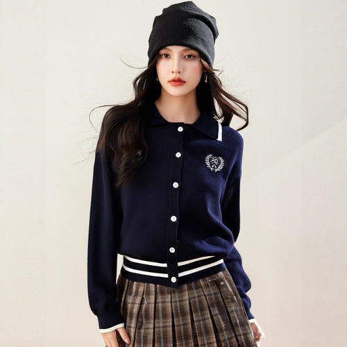 Academic Style Color-Blocked Embroidered Knit Cardigan Long Sleeve Polo Neck Casual Top Women