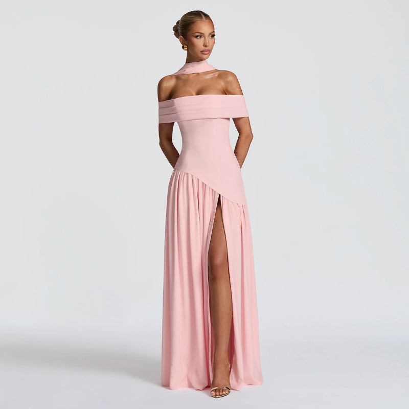 Style Solid Color Off-Shoulder High Slit Backless Long Dress