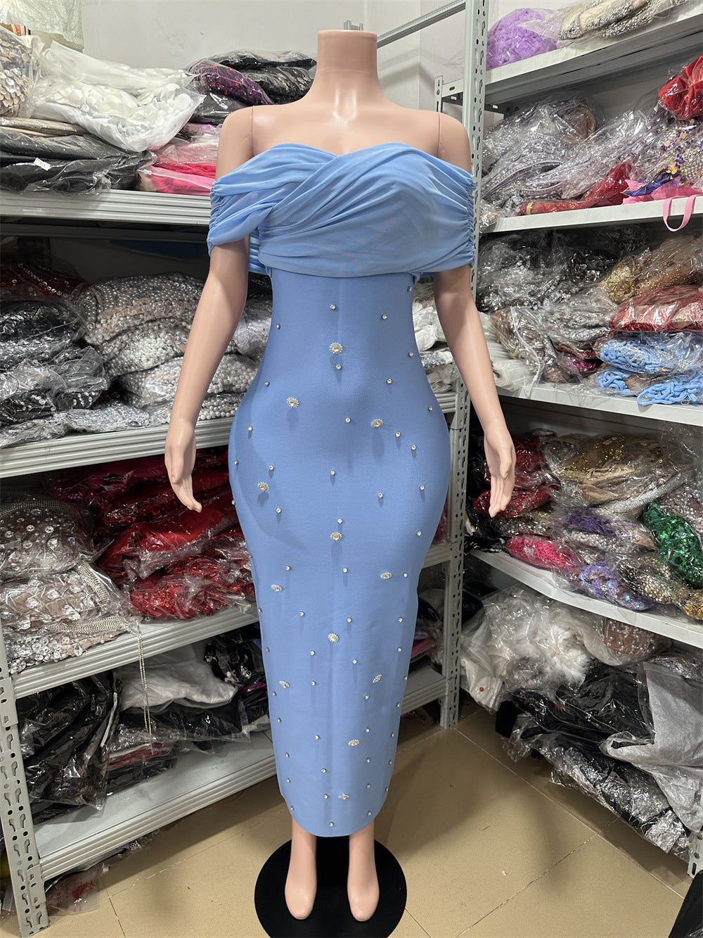 New Women's Sexy One-Shoulder Luxurious Beaded Long Bandage Dress Noble Style Evening Gown