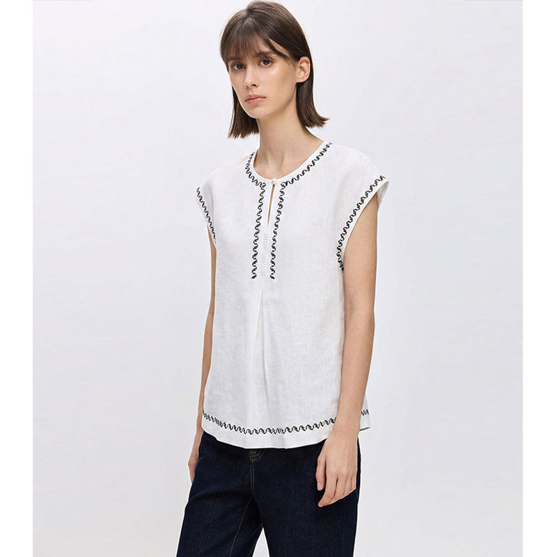 Simple Color-block Embroidered Sleeveless Vest for Women, Casual Summer Top with Cool Feeling