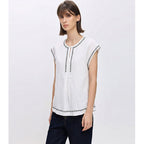 Simple Color-block Embroidered Sleeveless Vest for Women, Casual Summer Top with Cool Feeling