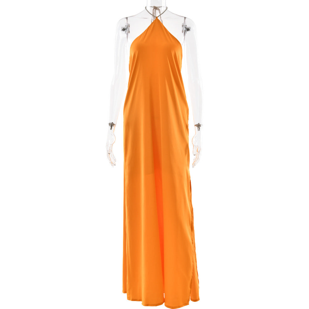 High-Grade Satin Halter Neck Dress with Sexy Backless Design, Solid Color Slit Fitted Long Dress