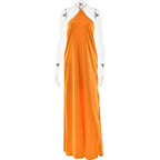 High-Grade Satin Halter Neck Dress with Sexy Backless Design, Solid Color Slit Fitted Long Dress