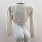 Charming Ivory White Rhinestone-Embellished Short Knit Cardigan with Round Neck Long Sleeve Sweater Top