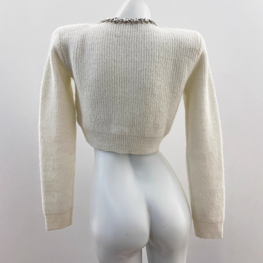 Charming Ivory White Rhinestone-Embellished Short Knit Cardigan with Round Neck Long Sleeve Sweater Top