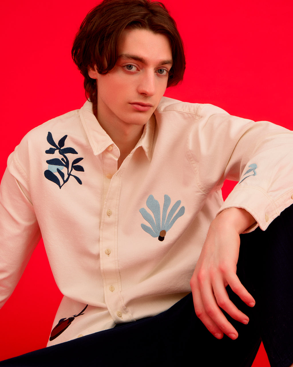 Abstract Floral Organic Cotton Shirt Ecru
