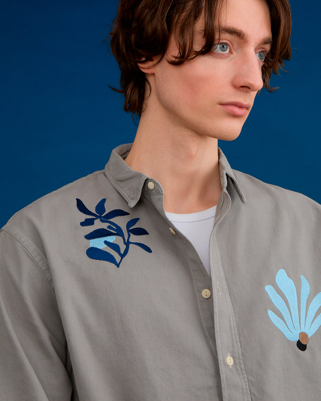 Abstract Floral Organic Cotton Shirt Grey