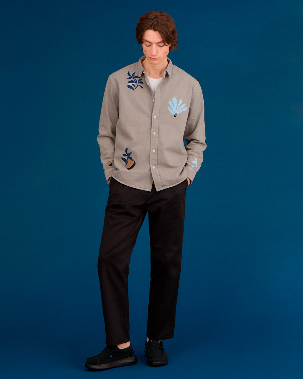 Abstract Floral Organic Cotton Shirt Grey