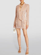 Fashion Designer Women's Shawl Collar Stunning Diamonds Pearls Beaded Blazer Dress