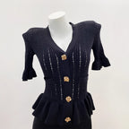 Chic Knit Dress for Women with Hollow Lace-Up Ruffle Two-Piece Design Classic Black Elegant Style