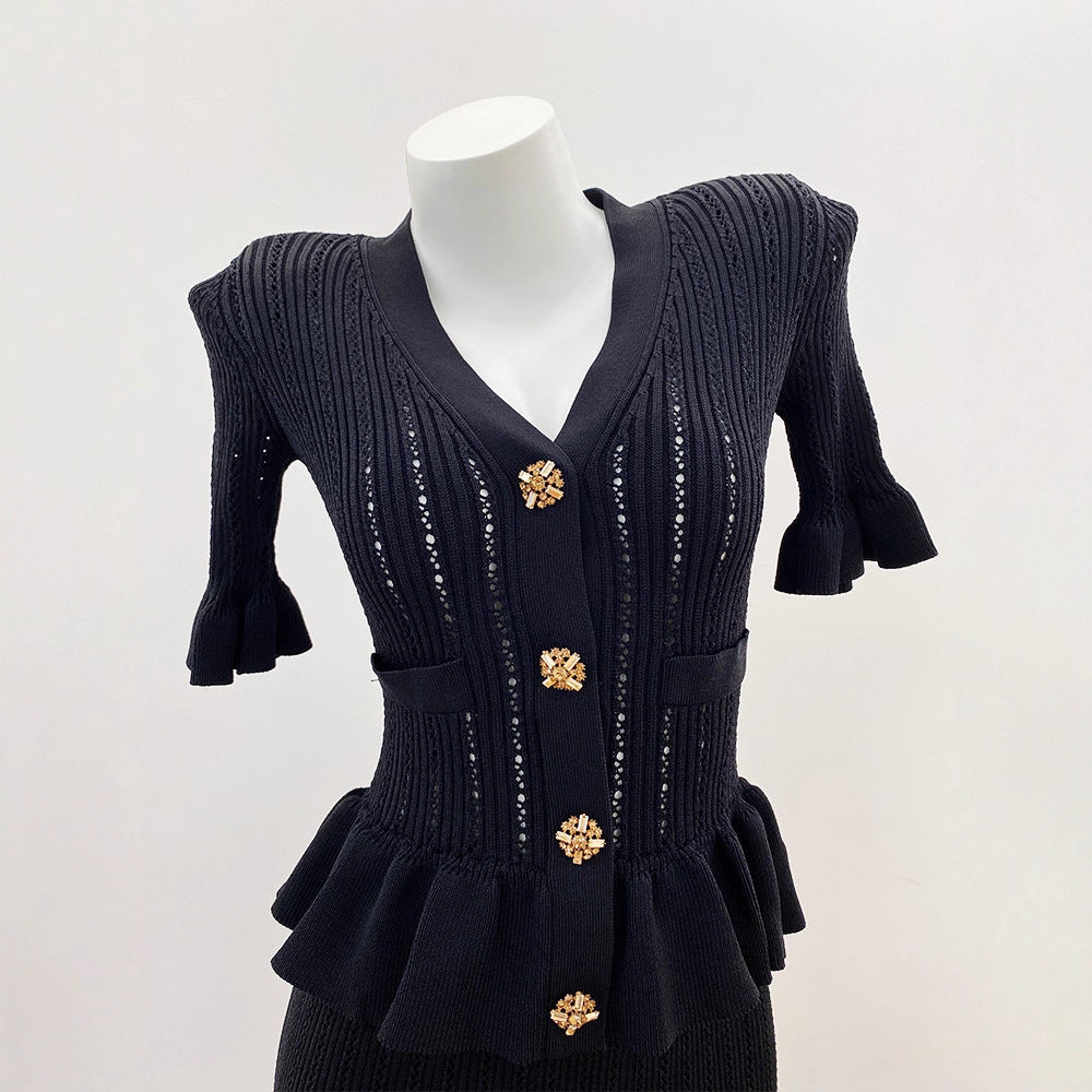 Chic Knit Dress for Women with Hollow Lace-Up Ruffle Two-Piece Design Classic Black Elegant Style