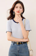 Ruffled Color-Blocked Short Sleeve T-Shirt for Women Fashionable Slim Fit Design, Stylish Top